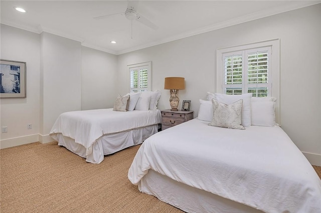 11826 Old Demere Rd, Saint Simons Island, GA 31522 - bedroom with ornamental molding, recessed lighting, light carpet, and ceiling fan