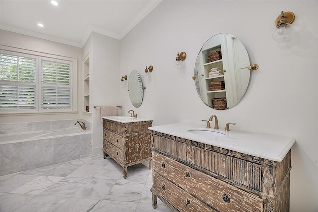 11826 Old Demere Rd, Saint Simons Island, GA 31522 - full bathroom featuring crown molding, two vanities, a bath, marble finish flooring, and recessed lighting