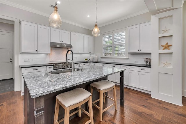 11826 Old Demere Rd, Saint Simons Island, GA 31522 - kitchen with under cabinet range hood, a kitchen bar, decorative backsplash, recessed lighting, and dark wood-type flooring