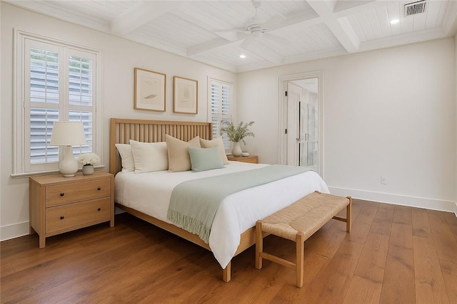 11826 Old Demere Rd, Saint Simons Island, GA 31522 - bedroom with coffered ceiling, hardwood / wood-style floors, beam ceiling, recessed lighting, and ceiling fan