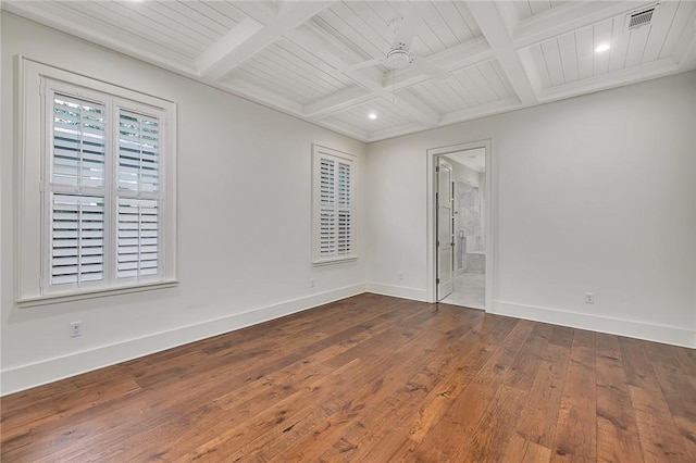 11826 Old Demere Rd, Saint Simons Island, GA 31522 - unfurnished room featuring dark wood-style flooring, coffered ceiling, recessed lighting, a ceiling fan, and a wooden ceiling with exposed beams