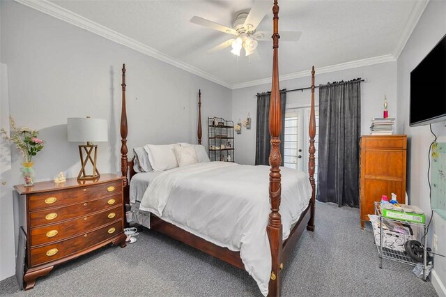 bedroom with carpet flooring, ceiling fan, and crown molding