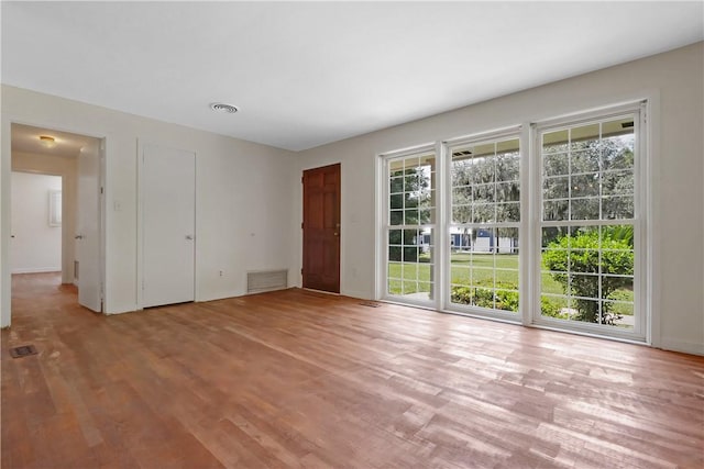 empty room with light hardwood / wood-style floors and plenty of natural light