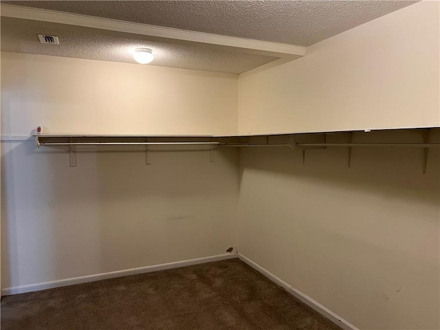 spacious closet with dark colored carpet