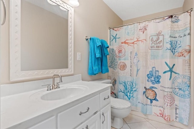 bathroom with tile patterned flooring, toilet, vanity, and a shower with shower curtain