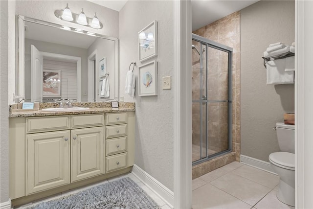 full bathroom with tile patterned floors, a stall shower, toilet, and baseboards