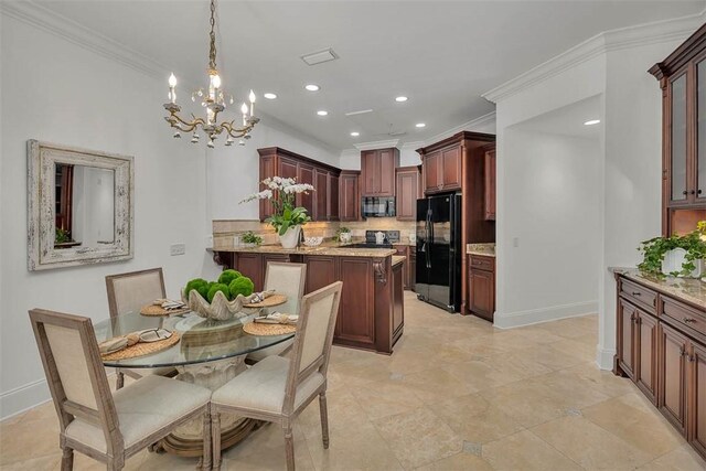 3100 Prince Ln, Saint Simons Island, GA 31522 - dining space featuring crown molding, a chandelier, baseboards, and recessed lighting