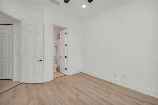 3100 Prince Ln, Saint Simons Island, GA 31522 - unfurnished bedroom with light wood-type flooring, baseboards, crown molding, recessed lighting, and ceiling fan