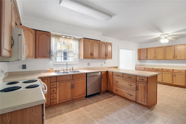 124 Ryals Rd, Brunswick, GA 31523 - kitchen with dishwasher, a peninsula, white electric range oven, and light tile patterned floors