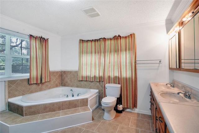 124 Ryals Rd, Brunswick, GA 31523 - full bath with a garden tub, double vanity, a textured ceiling, tile patterned floors, and ornamental molding