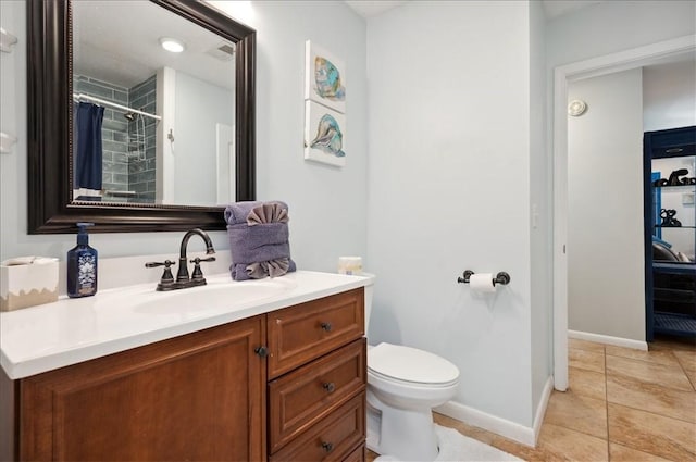 bathroom with toilet, vanity, baseboards, tile patterned flooring, and curtained shower