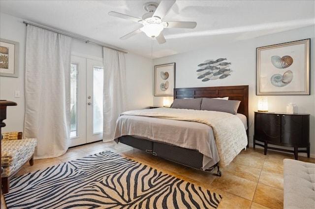 tiled bedroom with french doors, access to exterior, and a ceiling fan
