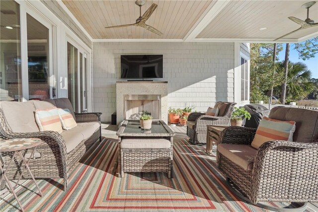 exterior space featuring wood ceiling and exterior fireplace