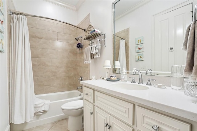 full bathroom featuring shower / bath combo, vanity, crown molding, tile patterned flooring, and toilet