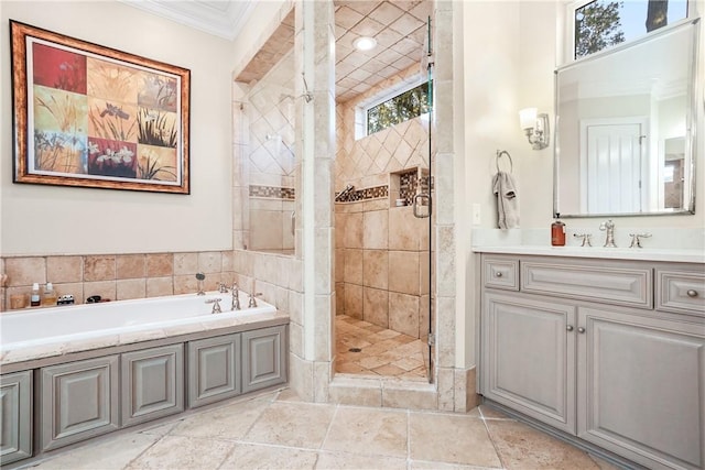 bathroom featuring vanity, crown molding, and plus walk in shower