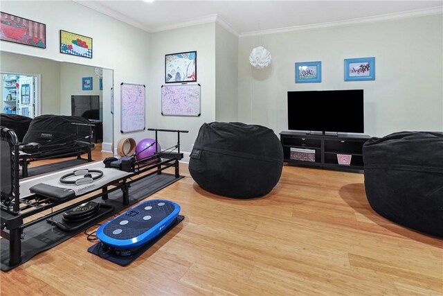 interior space featuring wood-type flooring and ornamental molding