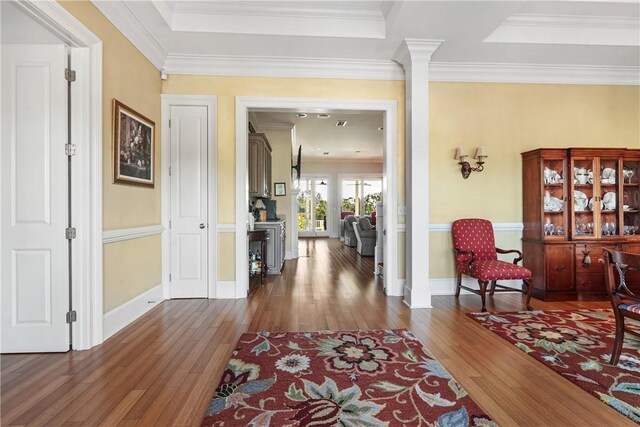 foyer entrance with a tray ceiling, crown molding, and dark wood-type flooring