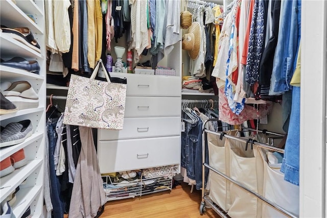 walk in closet with light hardwood / wood-style floors