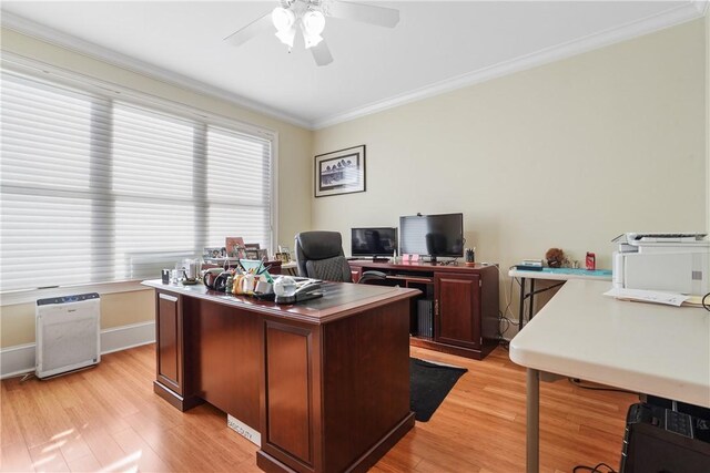 office with ceiling fan, light wood-type flooring, and crown molding