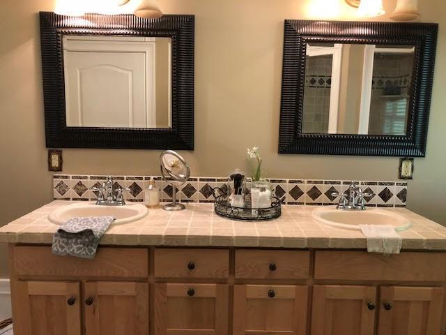 bathroom with a sink, backsplash, and double vanity