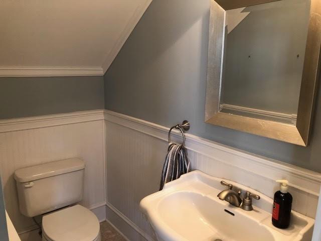 bathroom with a sink, a wainscoted wall, toilet, and crown molding