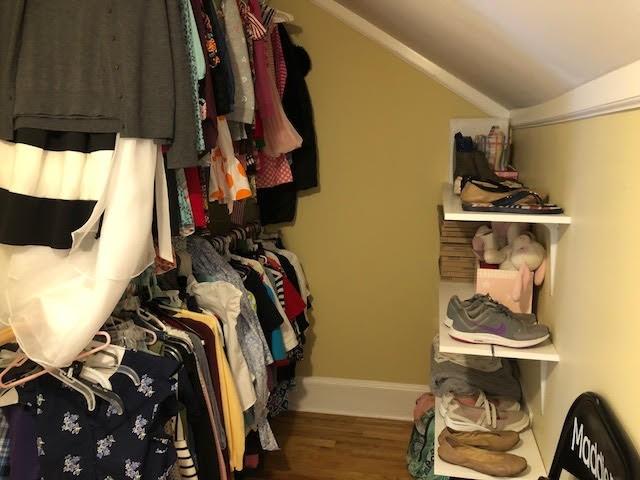 spacious closet with lofted ceiling and wood finished floors