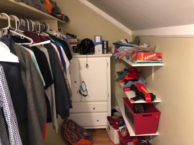 walk in closet with wood finished floors and vaulted ceiling