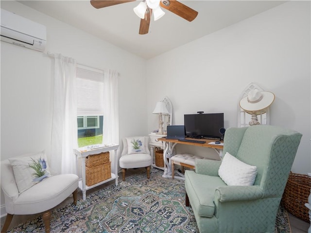 1007 Elbert Ext, Darien, GA 31305 - office with an AC wall unit, a ceiling fan, and wood finished floors