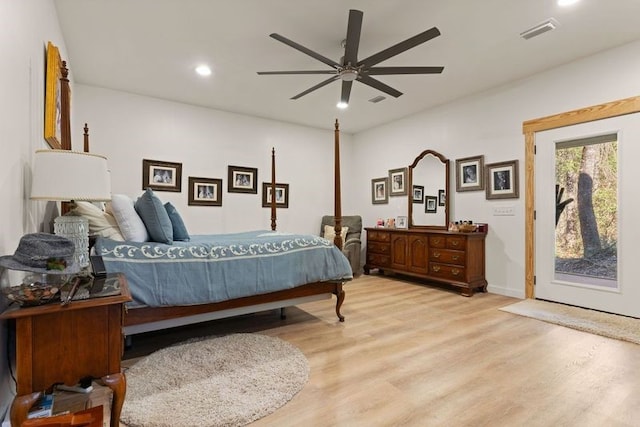 bedroom featuring ceiling fan, light wood-style flooring, recessed lighting, visible vents, and access to outside