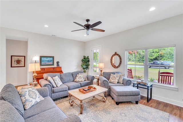 living room featuring ceiling fan and wood-type flooring