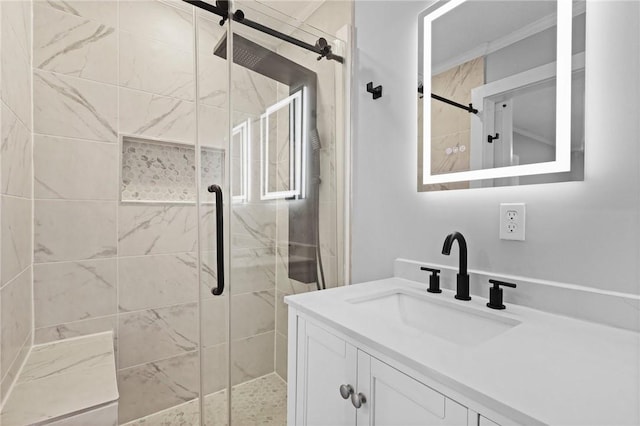 703 Wayne St, Darien, GA 31305 - full bathroom featuring a shower stall, vanity, and ornamental molding