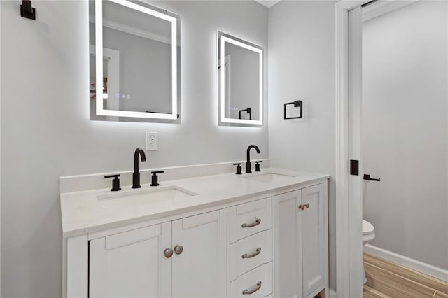 703 Wayne St, Darien, GA 31305 - full bathroom featuring toilet, double vanity, wood finished floors, and baseboards