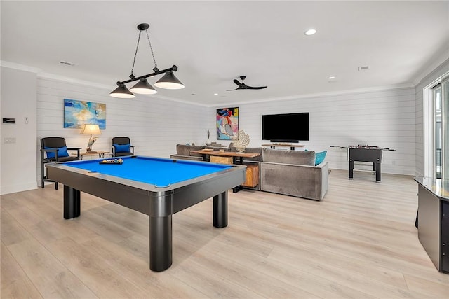 recreation room featuring ceiling fan, billiards, and light wood-type flooring