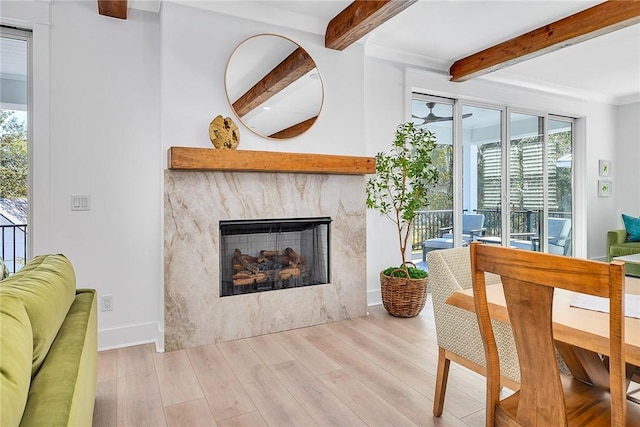 interior space with beam ceiling, light hardwood / wood-style flooring, a healthy amount of sunlight, and a premium fireplace