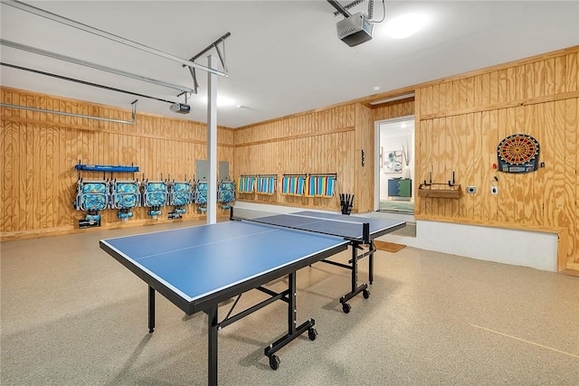 playroom featuring wooden walls