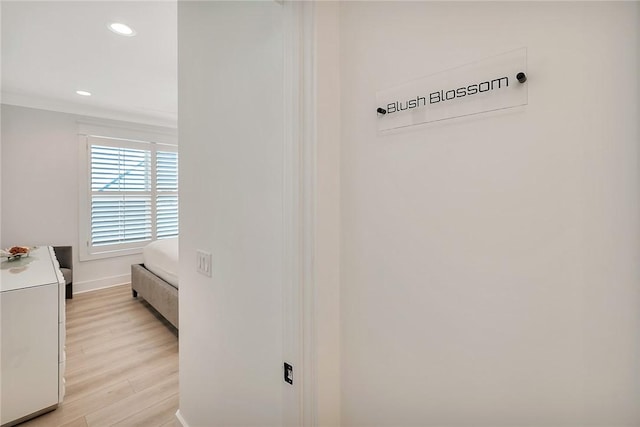 interior space featuring light hardwood / wood-style floors and ornamental molding