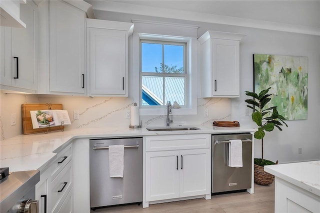 kitchen featuring light stone countertops, tasteful backsplash, stainless steel dishwasher, sink, and white cabinets