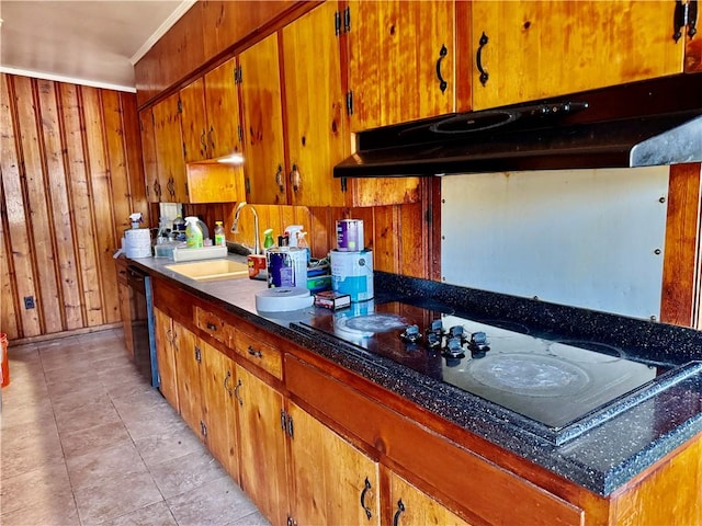 kitchen with a sink, wooden walls, brown cabinets, and black appliances