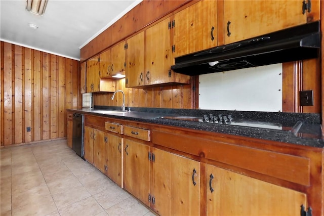 4365 US Highway 341, Jesup, GA 31545 - kitchen featuring wood walls, brown cabinets, black appliances, light tile patterned floors, and under cabinet range hood