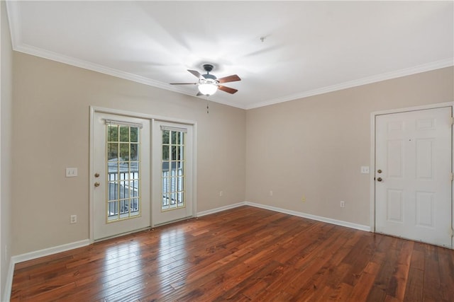 unfurnished room featuring ceiling fan, french doors, dark hardwood / wood-style floors, and ornamental molding