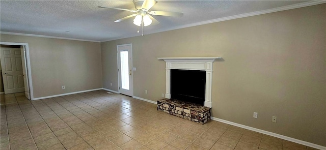 146 Don El St, Brunswick, GA 31523 - unfurnished living room with ceiling fan, light tile patterned floors, crown molding, a textured ceiling, and a fireplace with raised hearth