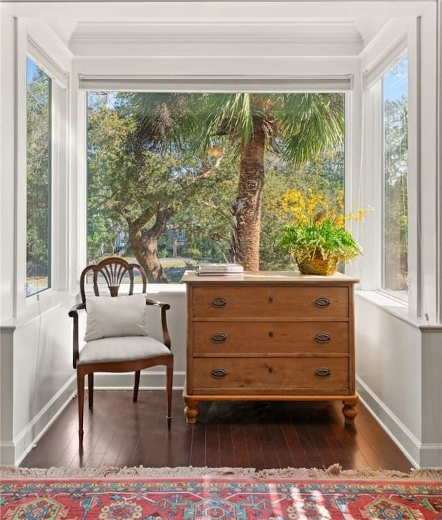 sitting room featuring dark wood-style floors, crown molding, and baseboards