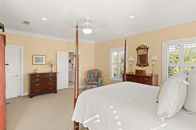 bedroom featuring recessed lighting, light carpet, crown molding, and visible vents