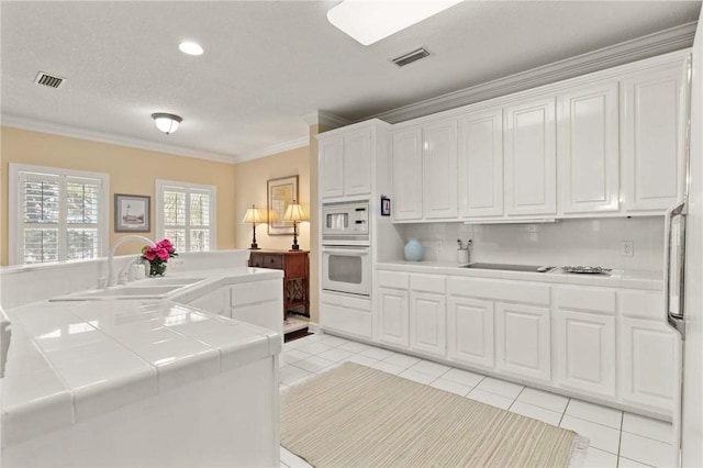 kitchen with visible vents, white appliances, a sink, and tile counters