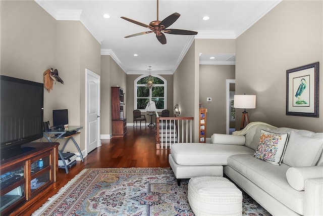 living room featuring recessed lighting, baseboards, dark wood-type flooring, and ceiling fan with notable chandelier