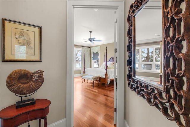 corridor with crown molding, wood finished floors, and baseboards