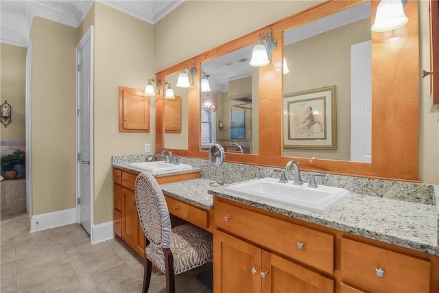 full bathroom with tile patterned flooring, crown molding, vanity, and baseboards