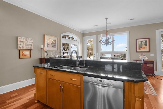 kitchen featuring light wood finished floors, visible vents, stainless steel dishwasher, and a sink