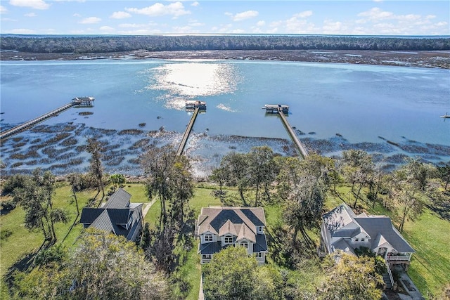 drone / aerial view featuring a water view