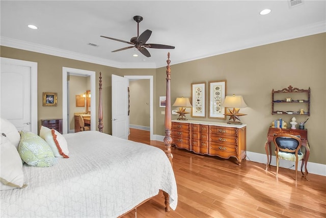 bedroom with baseboards, visible vents, recessed lighting, crown molding, and light wood-type flooring